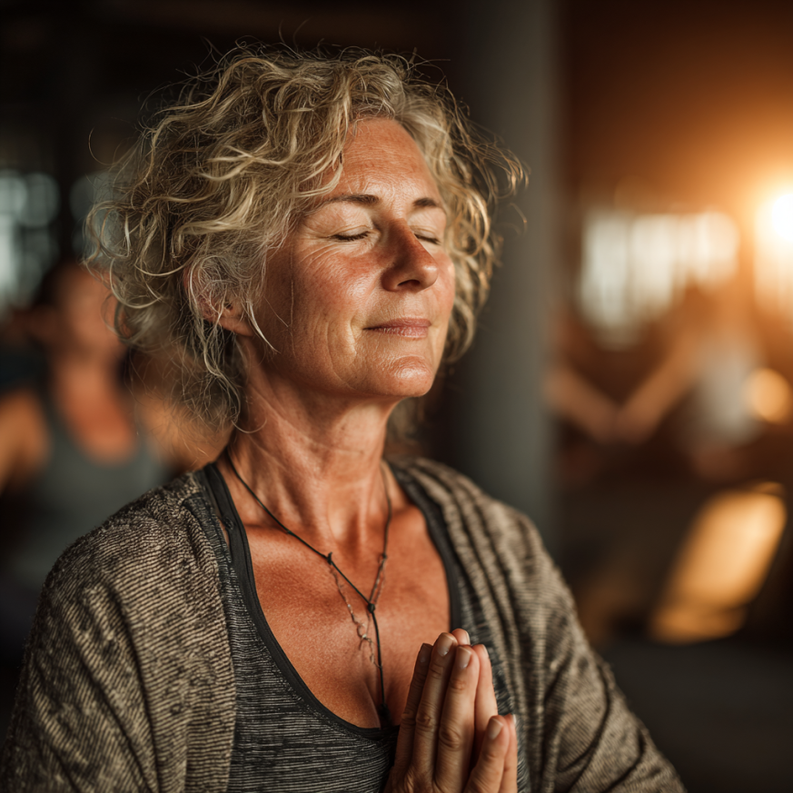 Donna matura che pratica yoga in tranquillità